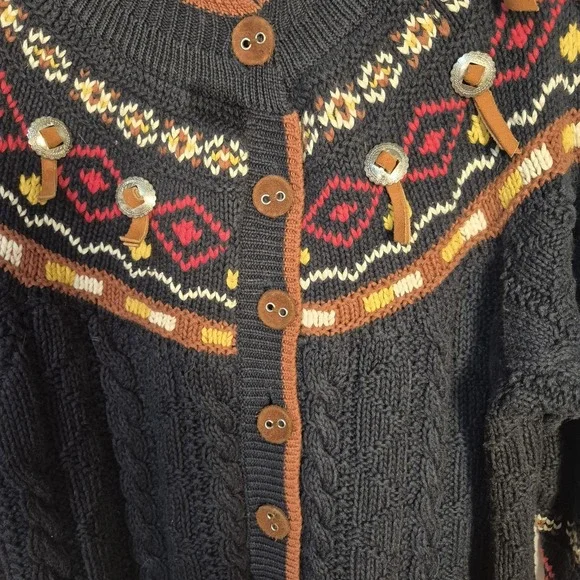Vintage Chaussport Women Large Chunky Knit Cardigan Sweater Fair Isle Cable - Picture 3 of 9